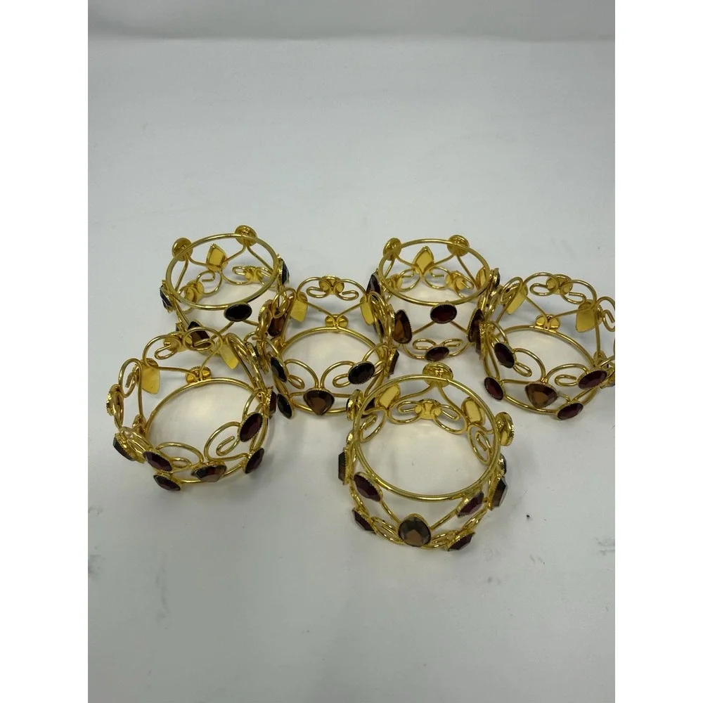 6 Pier One Imports Holiday Jeweled Napkin Rings Red & Amber Set In Gold Tone